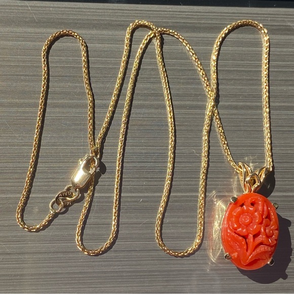 14k Solid Gold Italian Coral Floral Filigree Pendant Necklace 5.19g - Picture 4 of 16